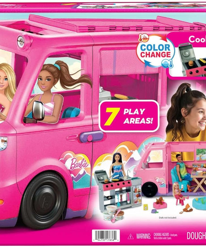 Barbie Dream Camper Playset with Roof Tent, Swing Chair, Fishing Pond, BBQ Grill with Color-Change Feature & 60+ Accessories Including Dough, HRJ78