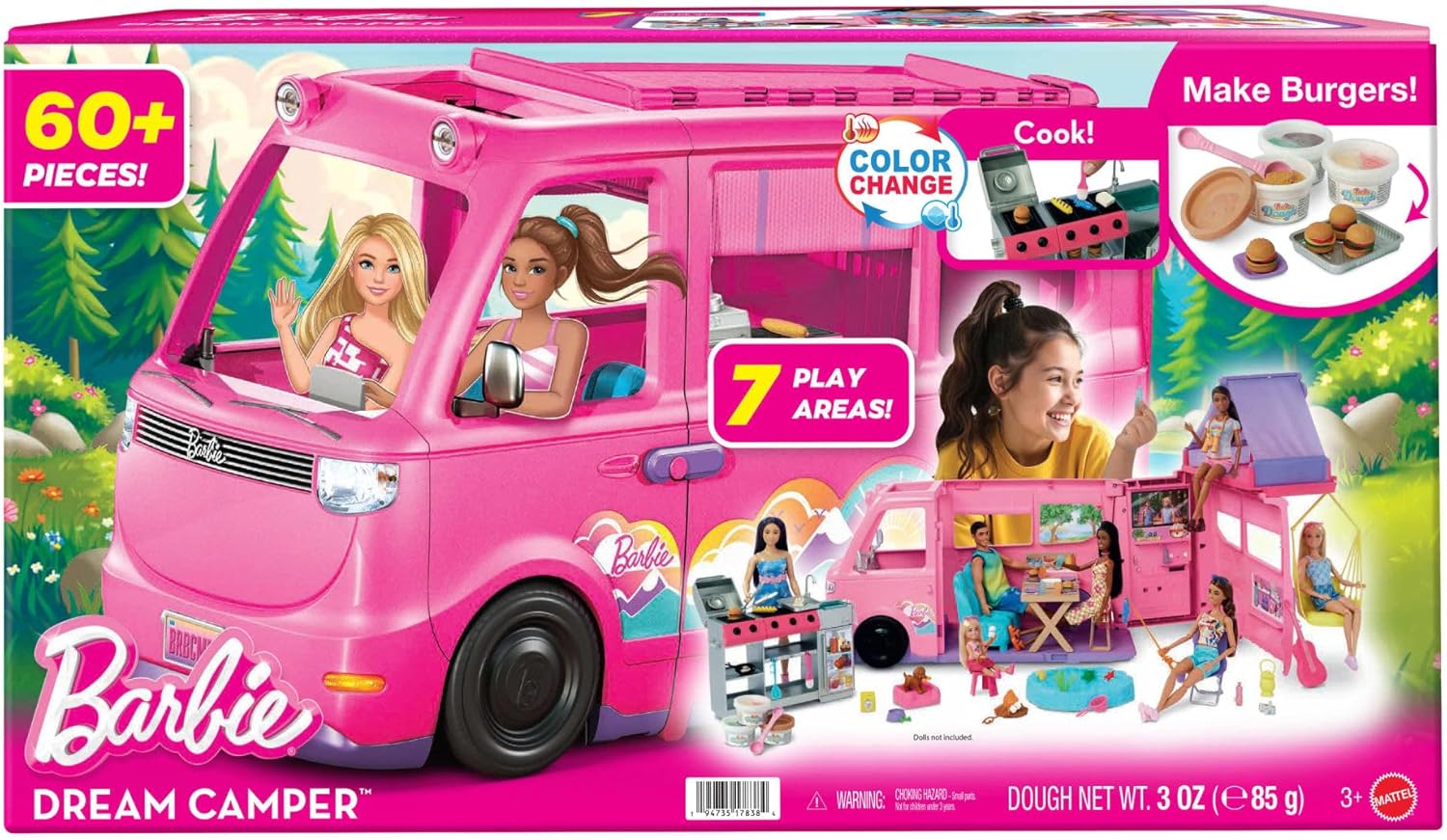 Barbie Dream Camper Playset with Roof Tent, Swing Chair, Fishing Pond, BBQ Grill with Color-Change Feature & 60+ Accessories Including Dough, HRJ78
