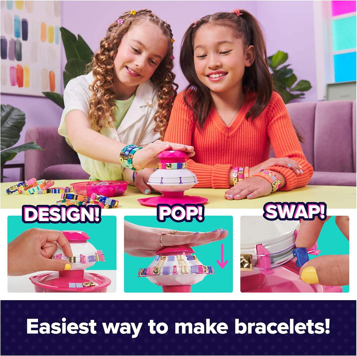 صانع أساور بلاط PopStyle الرائع، مجموعة أدوات صنع المجوهرات بنفسك للأطفال والمراهقين، اصنع أساور بلاط قابلة للتخصيص باستخدام أشرطة مطاطية وملصقات