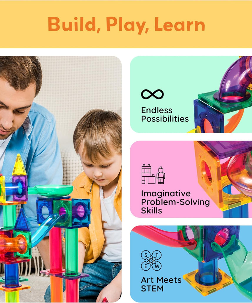 PicassoTiles Marble Run 100 Piece Magnetic Tile Race Track Toy Play Set STEM Building & Learning Educational Magnet Construction Child Brain Development Kit Boys Girls Age 3 4 5 6 7 8+ Years Old Toys