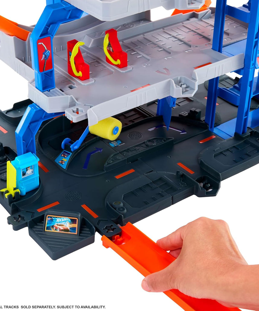 Hot Wheels Mega Loop Garage Track Set with Die-Cast Car & Helicopter, Double Loop Racing, Multi-Level Parking for 36 Cars, Speed Snap Track Adapters, Toy Garage Playset for Kids 4 Years+