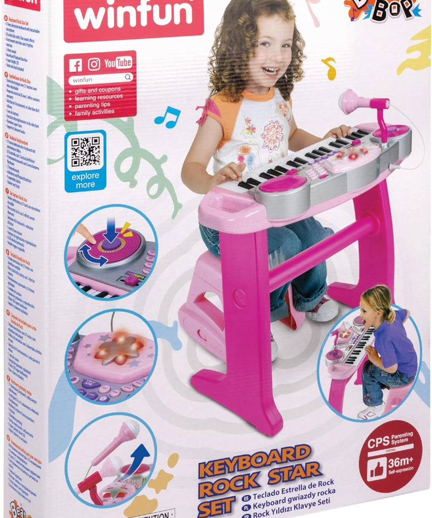 Winfun Keyboard Rock Star Set | 37-Key Kids Musical Toy with Light-Up Keys, Mic, DJ Pad & Stand | 8 Rhythms, 5 Drum Sounds & Tempo Control | Interactive Educational Music Toy for Kids 3+ Years
