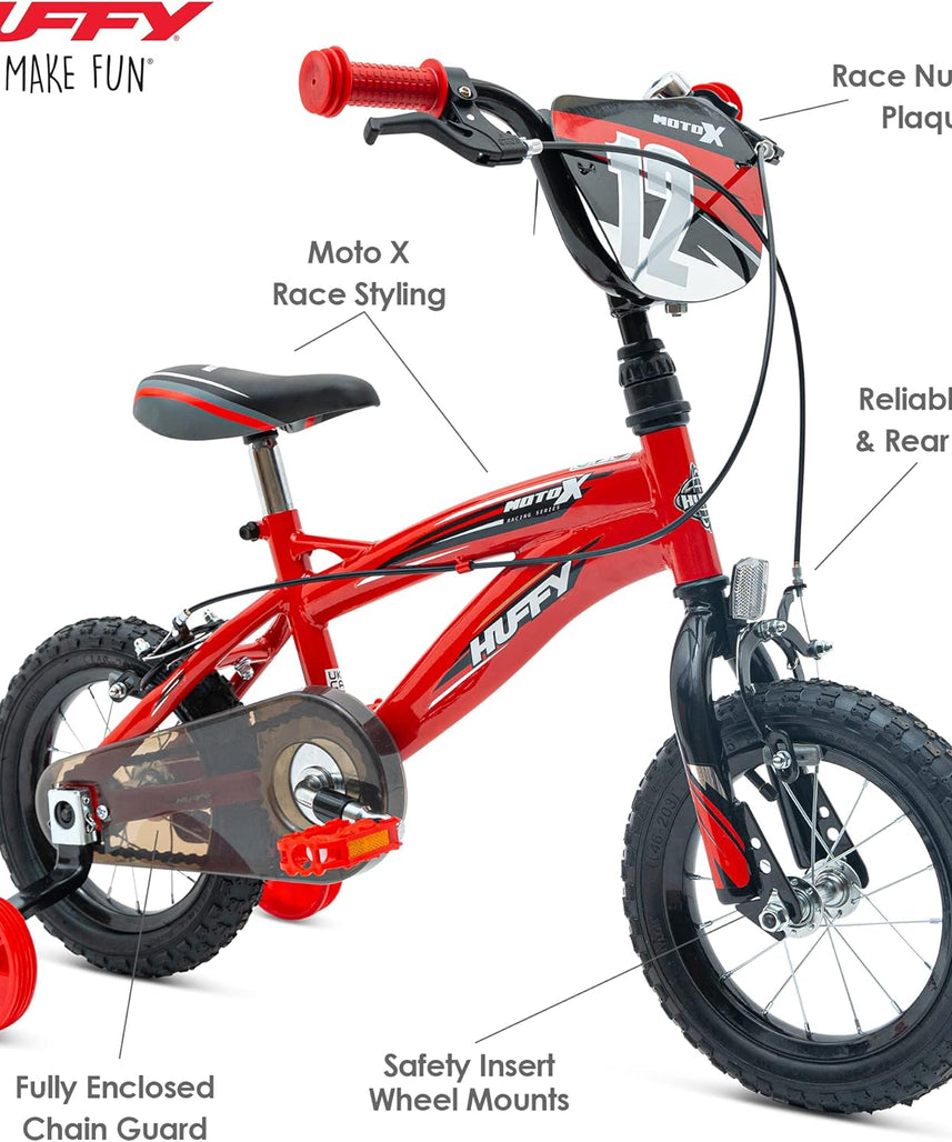 Huffy Moto X Boys Bike 12, 14, 16, 18 Inch Wheels, Multiple Colours, BMX Styling, Single-Speed Kids Bicycle with Stabilisers, Quick Connect Assembly, Ages 3-7