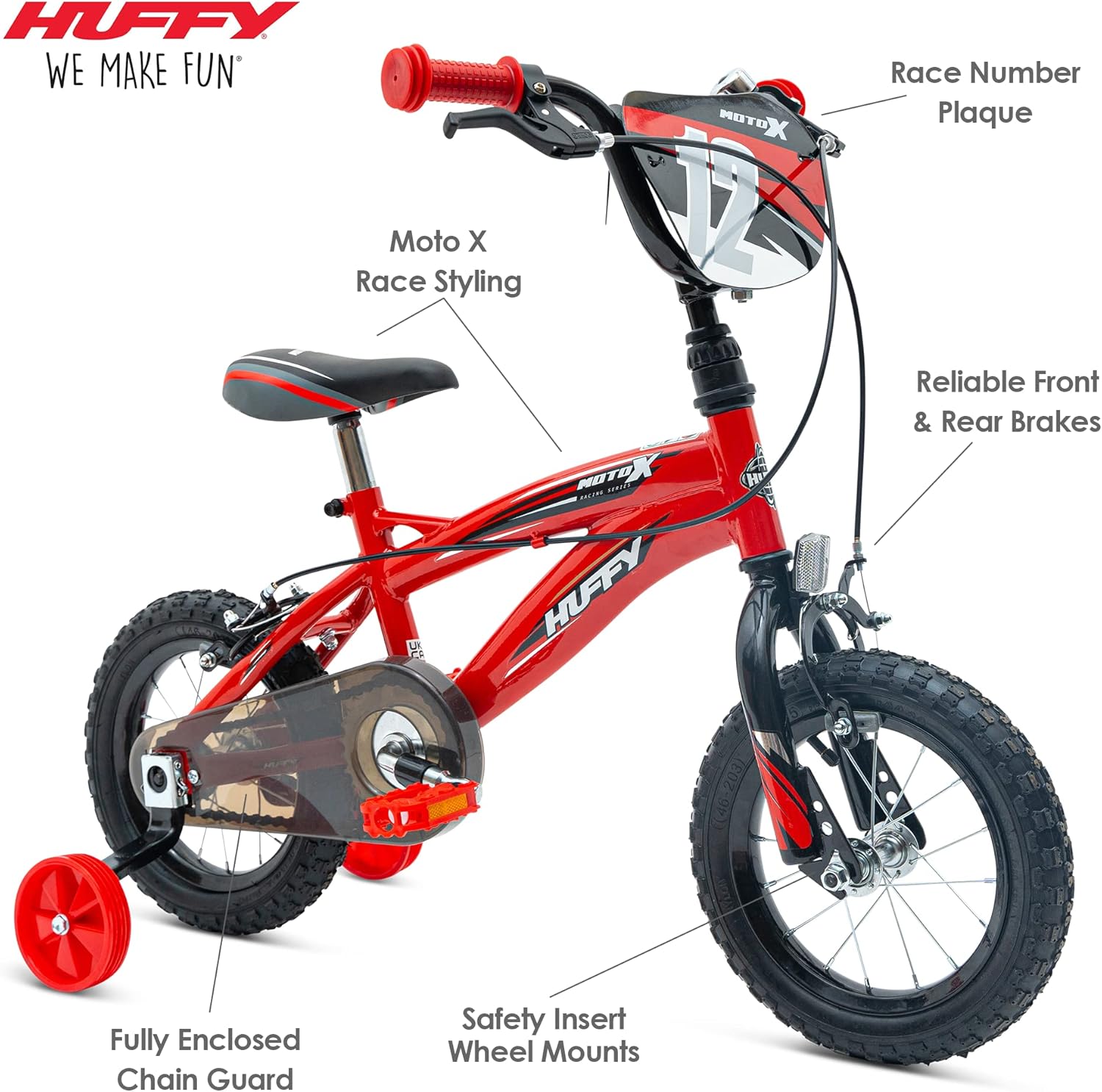 Huffy Moto X Boys Bike 12, 14, 16, 18 Inch Wheels, Multiple Colours, BMX Styling, Single-Speed Kids Bicycle with Stabilisers, Quick Connect Assembly, Ages 3-7