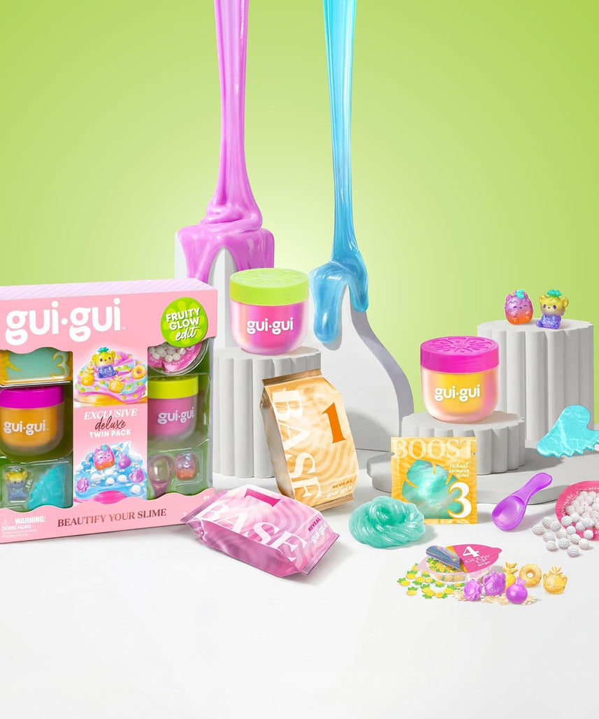GUI GUI Fruity Glow Deluxe Twin Pack Slime Kit, 2 Scented Slimes Jelli & Clear with Gua Sha and Scoop Tools, 5-Step Beauty Ritual Sensory Toy for Kids, Ages 6+