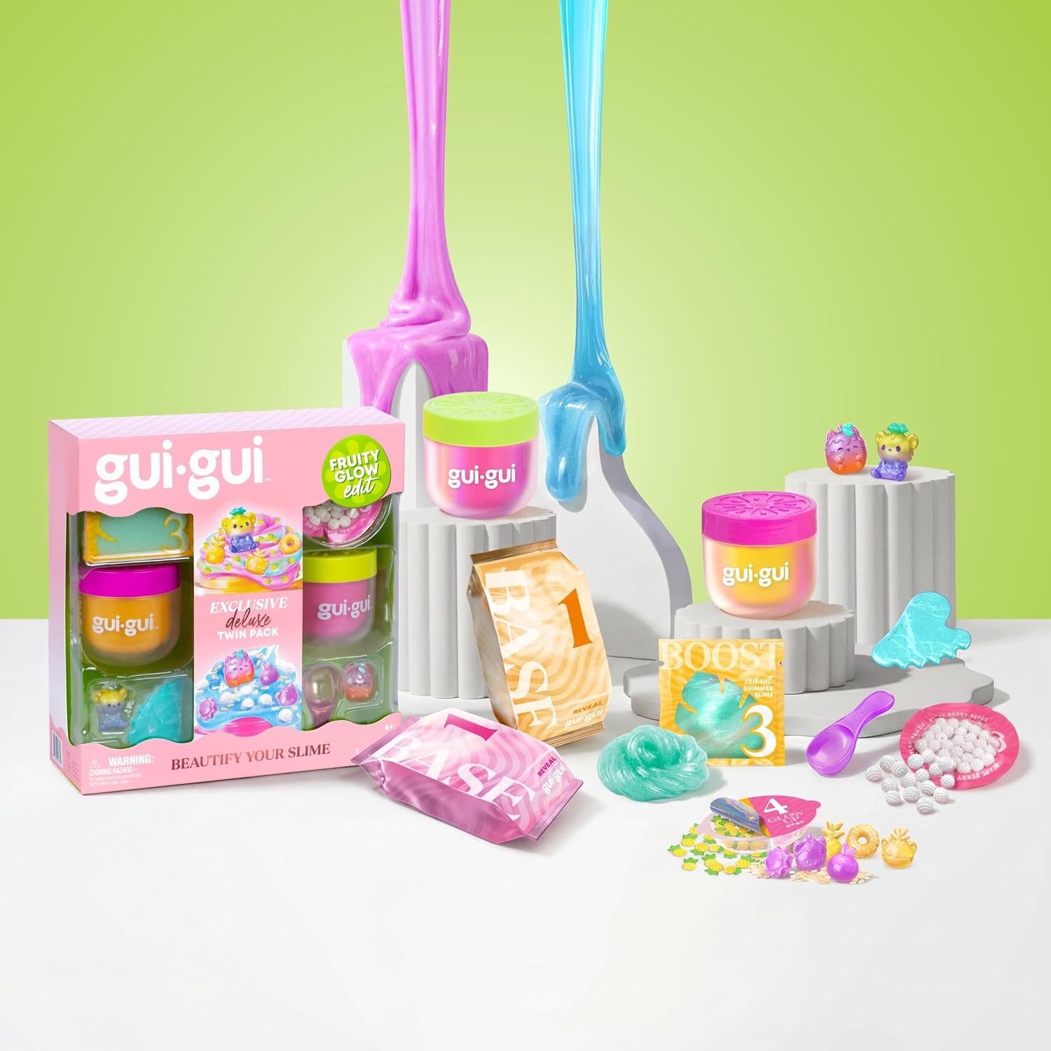 GUI GUI Fruity Glow Deluxe Twin Pack Slime Kit, 2 Scented Slimes Jelli & Clear with Gua Sha and Scoop Tools, 5-Step Beauty Ritual Sensory Toy for Kids, Ages 6+
