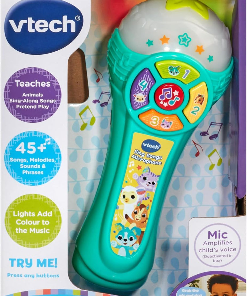 VTech Baby Sing Songs Microphone, Interactive Microphone Toy with 4 Buttons for Animals, Sounds & Numbers, Flashing Lights & Music, Musical Toy for Children 12, 18, 24 Months +, Version