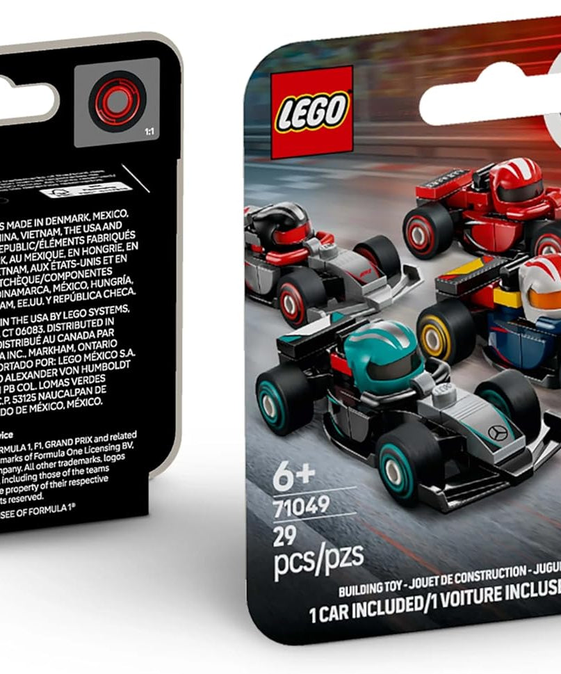 LEGO Minifigures F1 Collectible Race Cars Toys - Get 1 of 12 Mini Car Models with Drivers Helmets & Moving Wheels - Formula 1 Teams incl. Ferrari, Mercedes, McLaren, Red Bull - Mystery Box - 71049