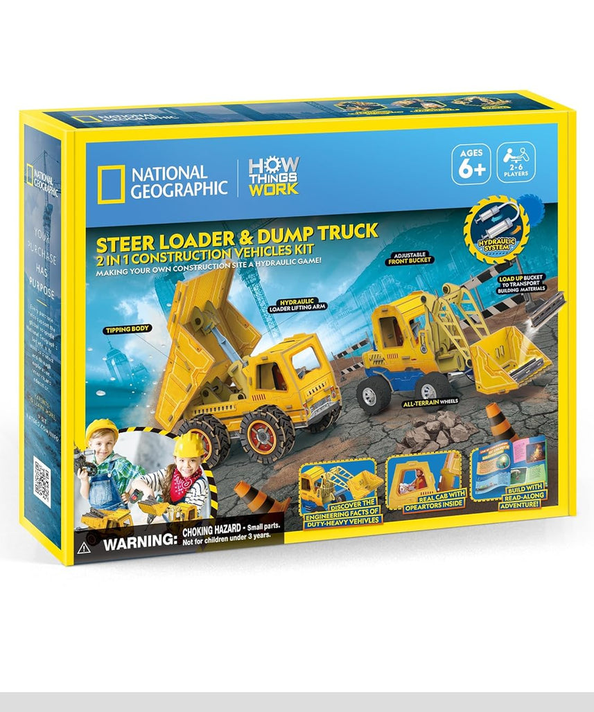 National Geographic Steer Loader and Dump Truck Construction Kit, Hydraulic Science Learning Toy, Educational STEM Activity for Kids
