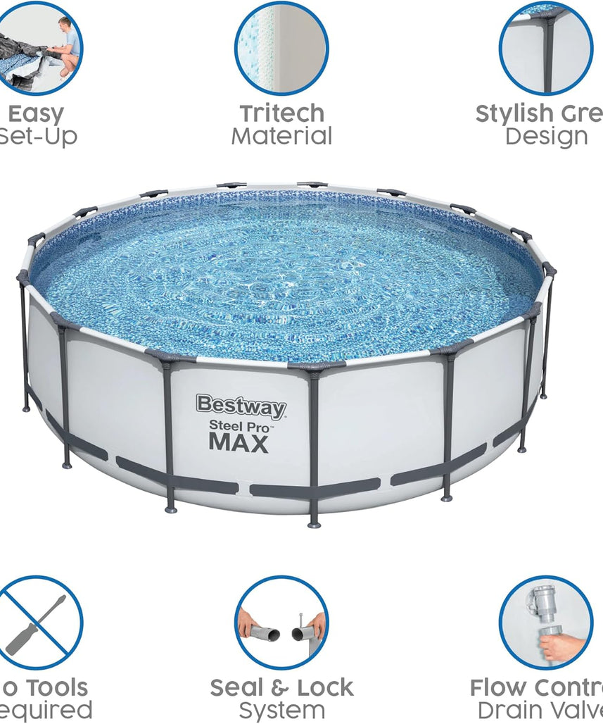 Bestway Steel Pro Max | Round Frame Swimming Pool with Filter Pump, Above Ground Frame Pools, Grey, 10’