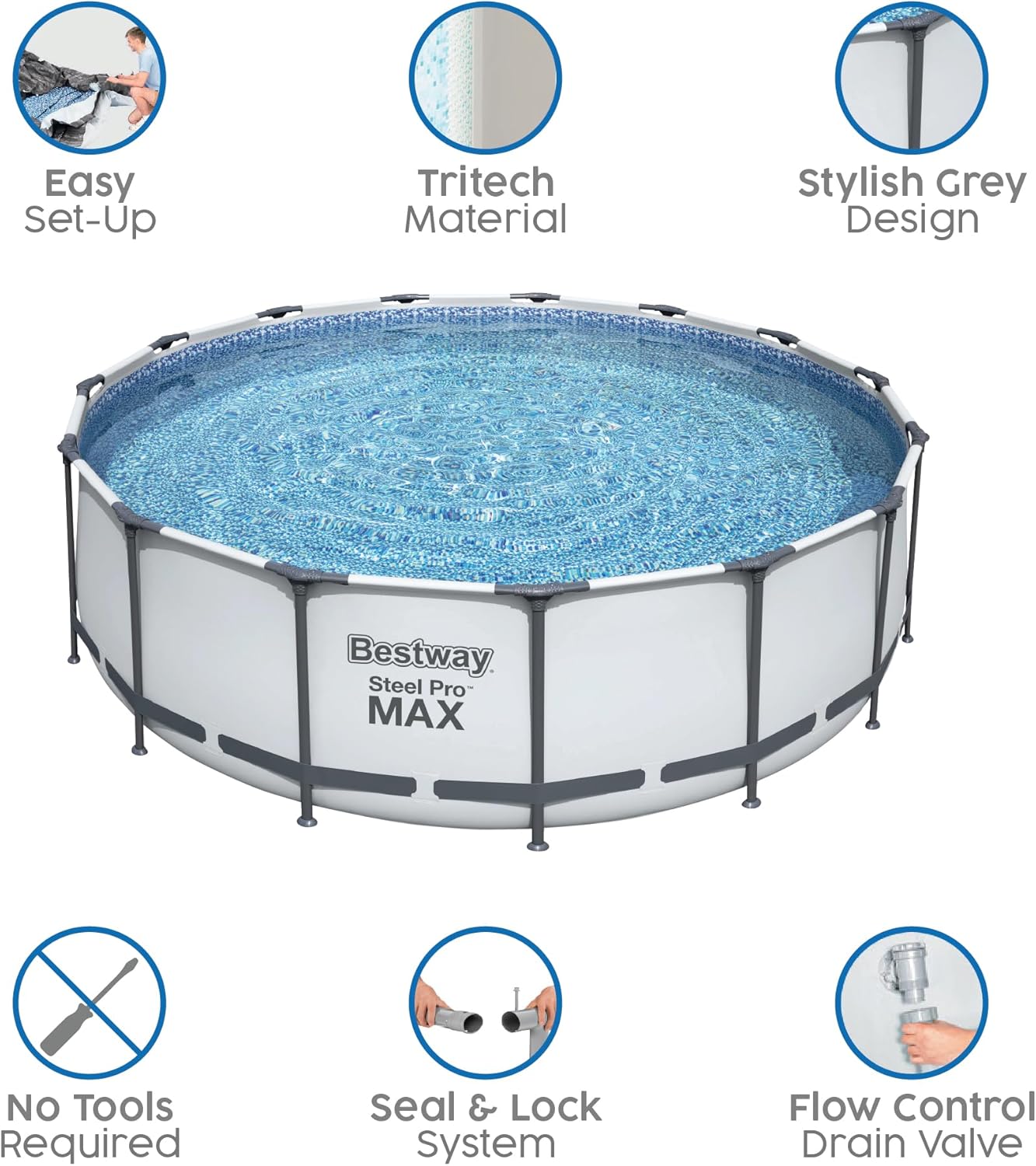 Bestway Steel Pro Max | Round Frame Swimming Pool with Filter Pump, Above Ground Frame Pools, Grey, 10’
