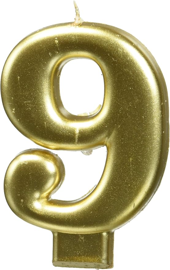 Amscan Birthday Celebration, Numeral #9 Metallic Candle, Party Supplies, Gold, 3 1/4"