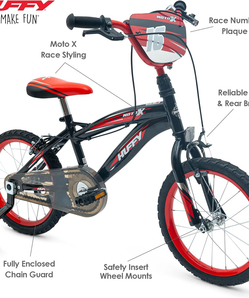 Huffy Moto X 16 Inch Kids Bike, Black, Unisex Youth Bicycle with Stabilisers, BMX Styling, Quick Connect Assembly, Ages 5-7