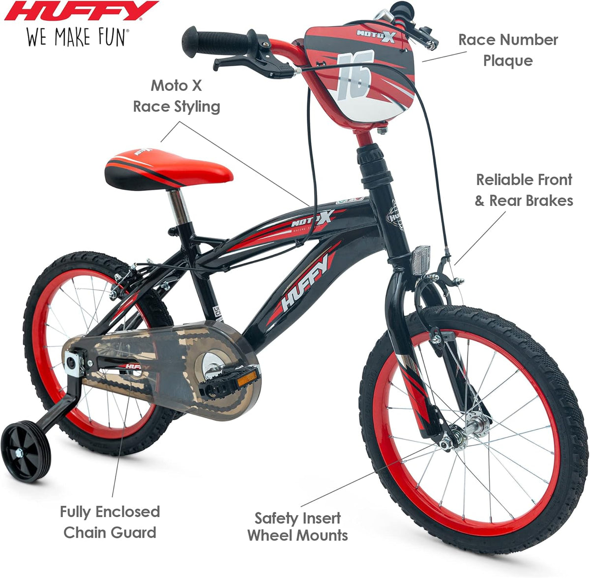 Huffy Moto X 16 Inch Kids Bike, Black, Unisex Youth Bicycle with Stabilisers, BMX Styling, Quick Connect Assembly, Ages 5-7