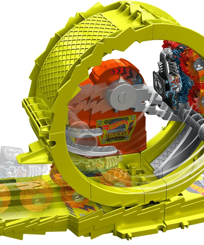 Hot Wheels Monster Trucks Charge and Chase Track Set with Oversized Skelesaurus and Bone Shaker, Power Smashers Loop Track, Includes 2 Crushed Cars, Action Racing Playset for Kids 4 Years+