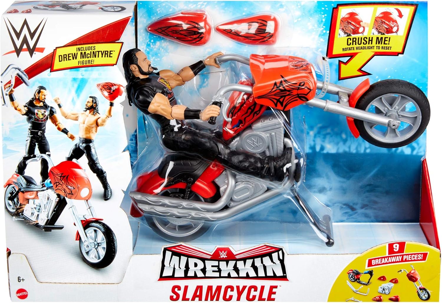 WWE Wrekkin Slam Cycle Vehicle, Drew McIntyre Action Figure, 10-Point Articulated Figure, Breakaway Motorcycle Toy, Ages 6+