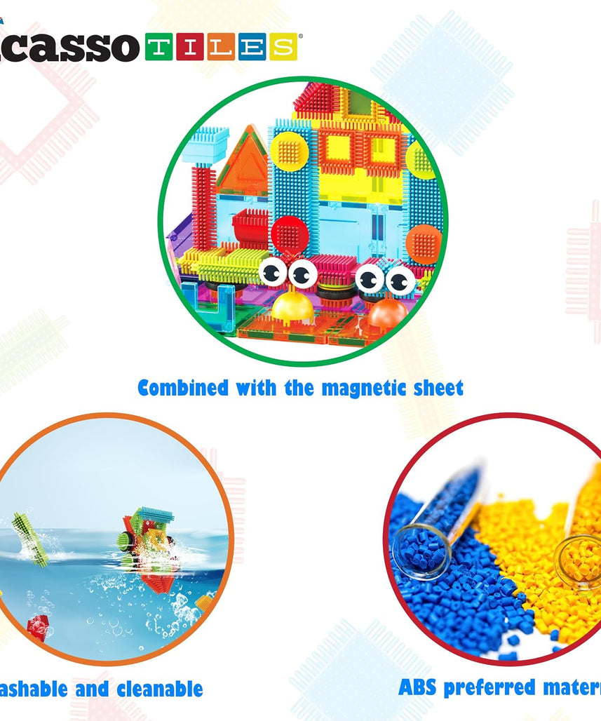 PicassoTiles Magnetic Tiles & Hedgehog 2-in1 Interlocking Brush Connector Magnet Building Blocks Construction Set Learning Playset STEM Toys Development Preschool Education Toy Toddler Age 3 Up PTE21