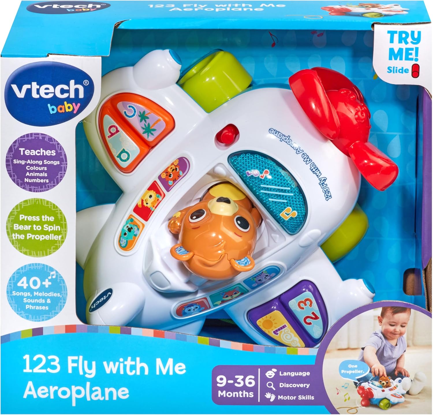VTech 123 Fly with Me Airplane Musical Learning Toy with Lights Sounds Pull Along Captain Bear Multicolour 9m+