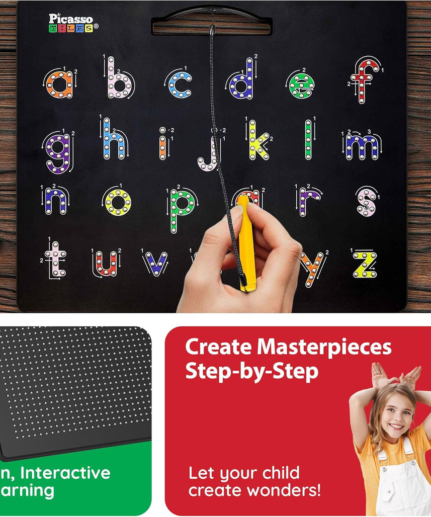 PicassoTiles 2-in-1 Double-Sided Magnetic Drawing Board Lower Case Alphabet Letter and Free Style Writing Reading Playboard 12x10 inch Large Magnet Tablet Pad Open-Ended STEAM Learning Playset PTB04