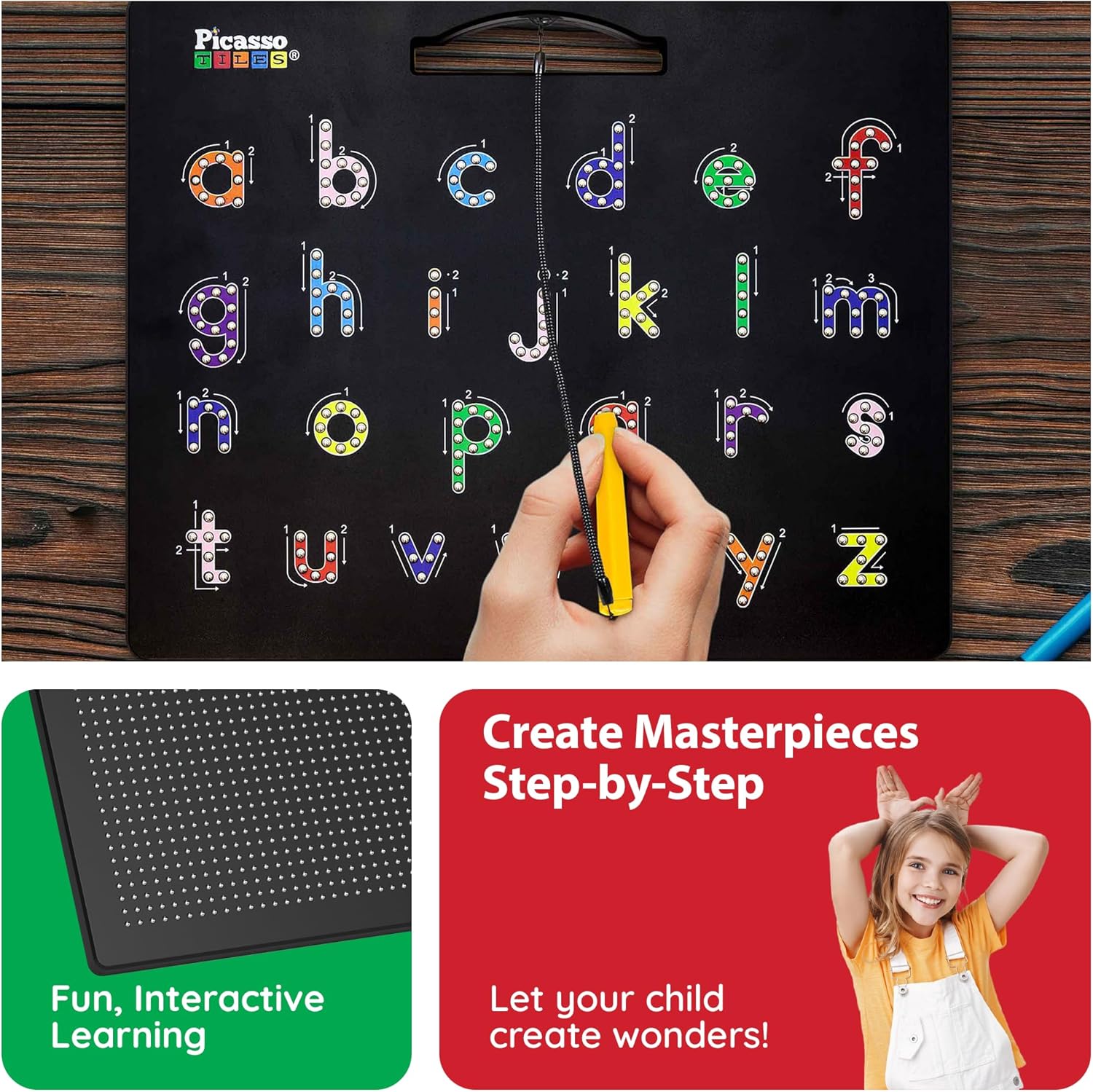 PicassoTiles 2-in-1 Double-Sided Magnetic Drawing Board Lower Case Alphabet Letter and Free Style Writing Reading Playboard 12x10 inch Large Magnet Tablet Pad Open-Ended STEAM Learning Playset PTB04