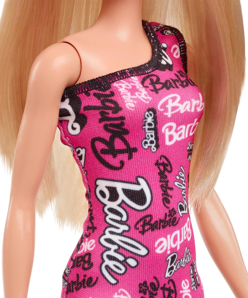 Barbie Fashion Doll with Straight Blonde Hair Wearing Removable Pink Dress & Shoes with Logo Print