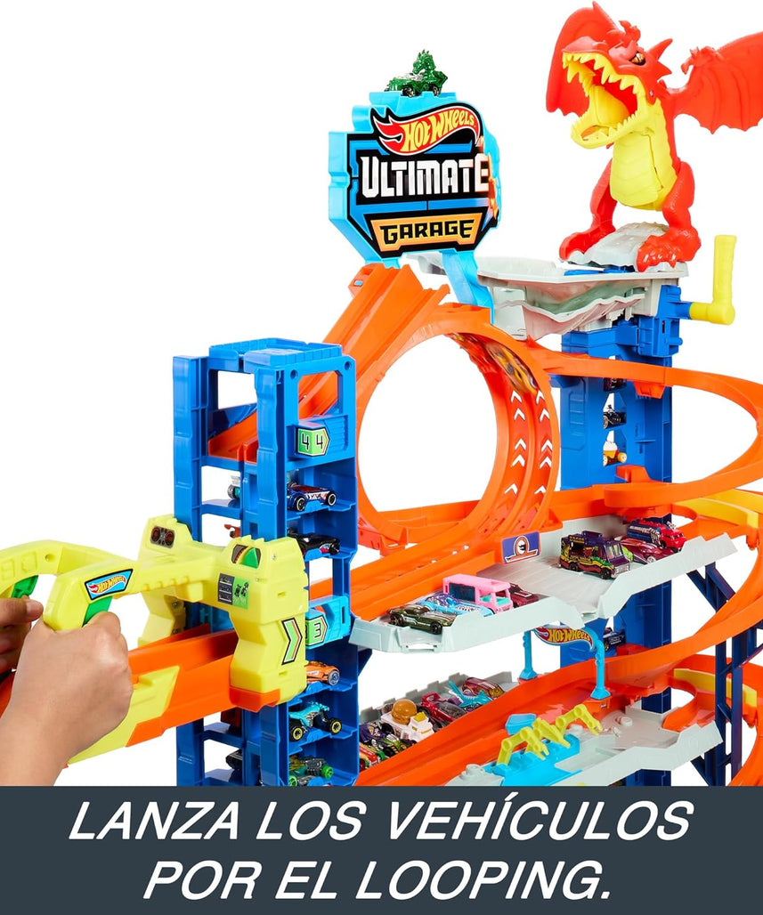 Hot Wheels City Ultimate Garage Playset with Dragon, 2 Die-Cast Cars Included, Multi-Level Track, Parking for 50+ Cars, Kids Toy Garage, Ages 4+