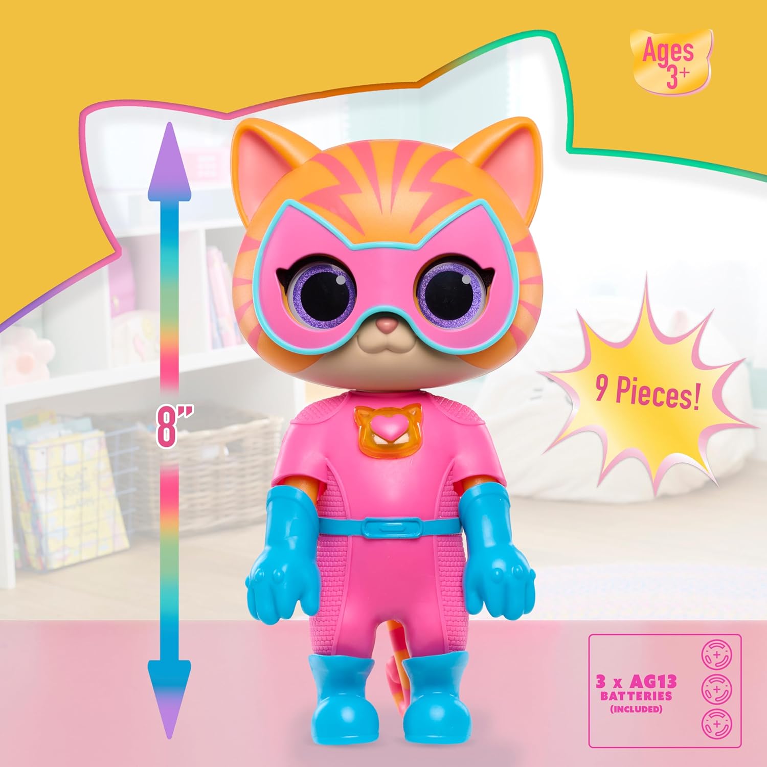 Just Play Disney Junior SuperKitties Cat-Tastic Transforming Ginny Lights & Sounds Figure, 8.3-Inch Action Figure, Ages 3+