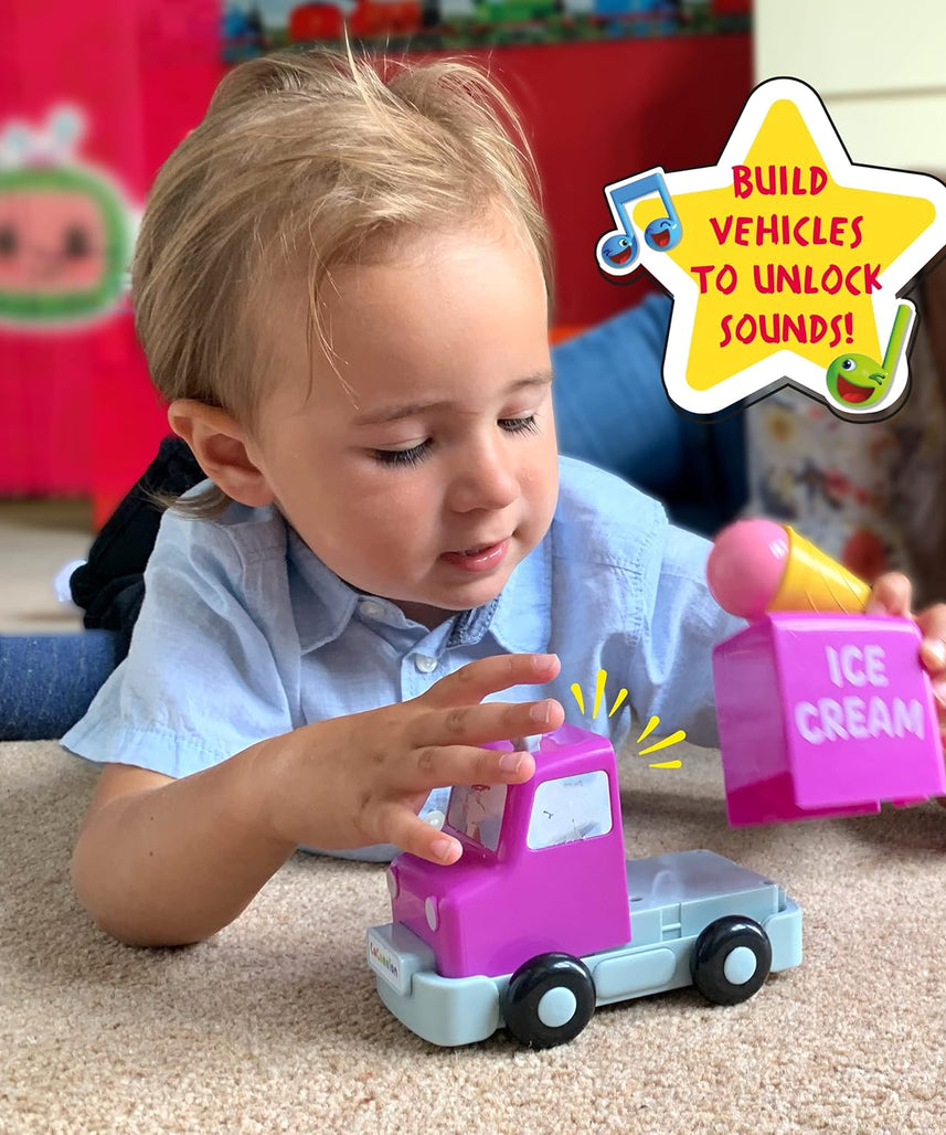 Cocomelon Build & Reveal Musical Vehicles Playset, Interactive Nursery Rhyme Toys with Mess-Free Water Painting, Hidden Characters & Sensory Learning for Kids
