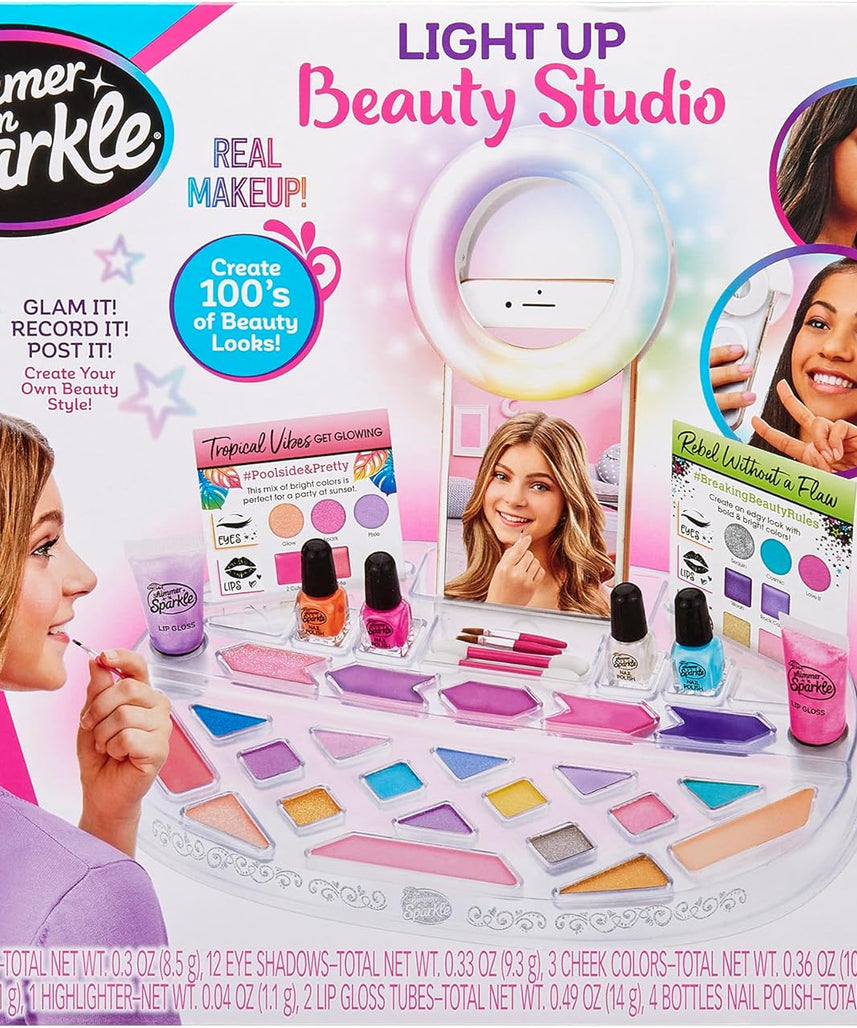 Shimmer N Sparkle Light-Up Beauty Studio, SNS-17346, Selfie Makeup Kit, Phone Holder, USB Charging, Girls Toy