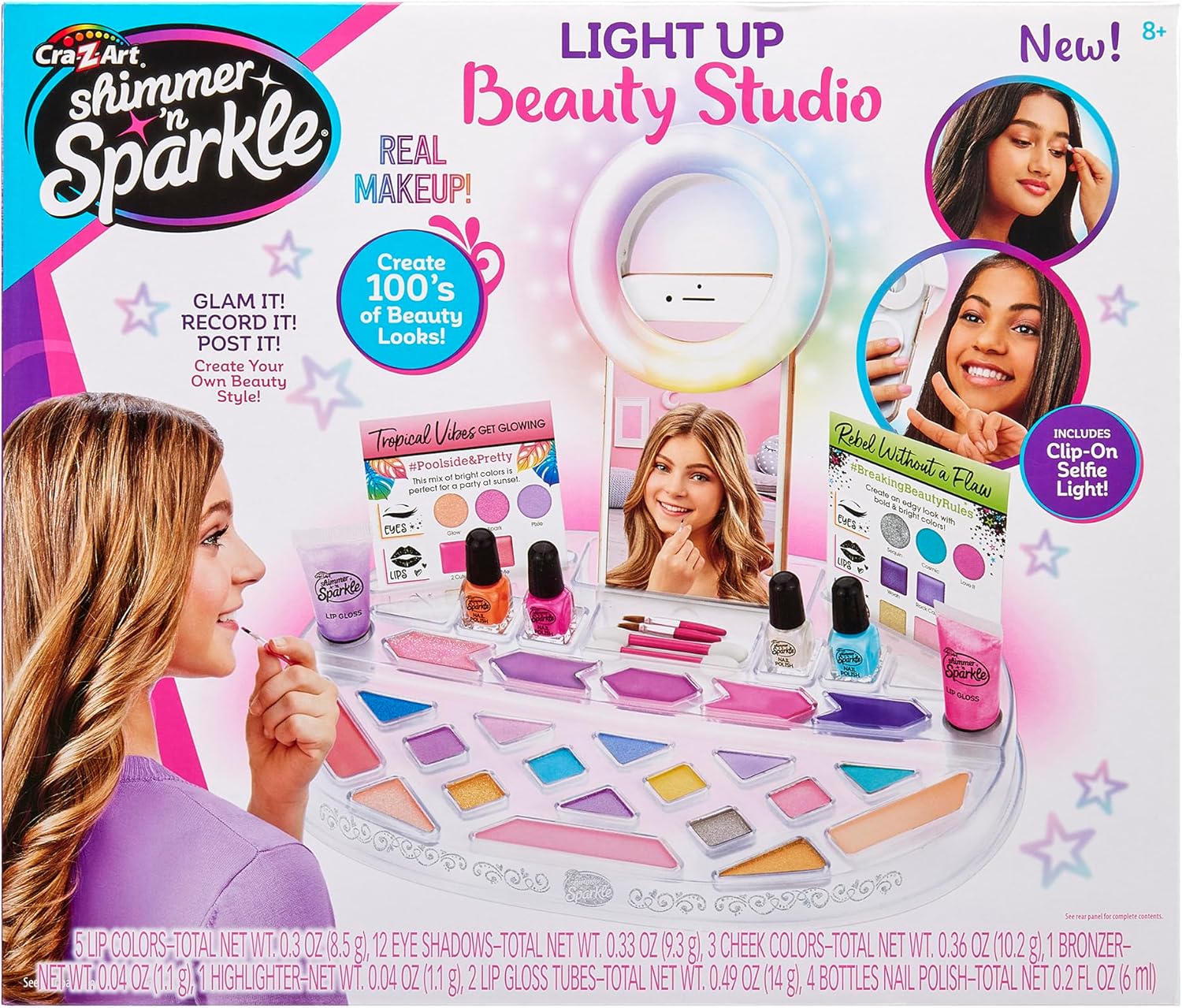 Shimmer N Sparkle Light-Up Beauty Studio, SNS-17346, Selfie Makeup Kit, Phone Holder, USB Charging, Girls Toy