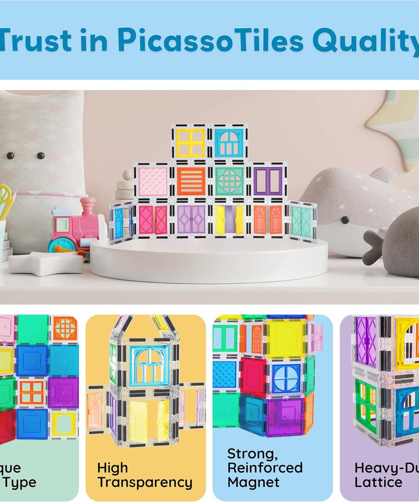 PicassoTiles 30 Piece Window and Door Clip On Magnetic Blocks Magnet Tiles Magnets Building Tile Construction Toy Set STEM Education Toys Learning Kit Stacking Block Playset Boys & Girls Age 3+ PT30