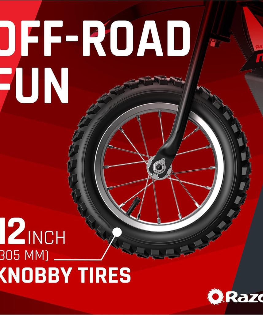 دراجة Razor MX125 Dirt Rocket الكهربائية للأطفال من سن 7 سنوات فما فوق، محرك عزم دوران عالي 100 واط، دفع خلفي، سرعات تصل إلى 8 أميال في الساعة، وقت تشغيل 40 دقيقة، لون أسود