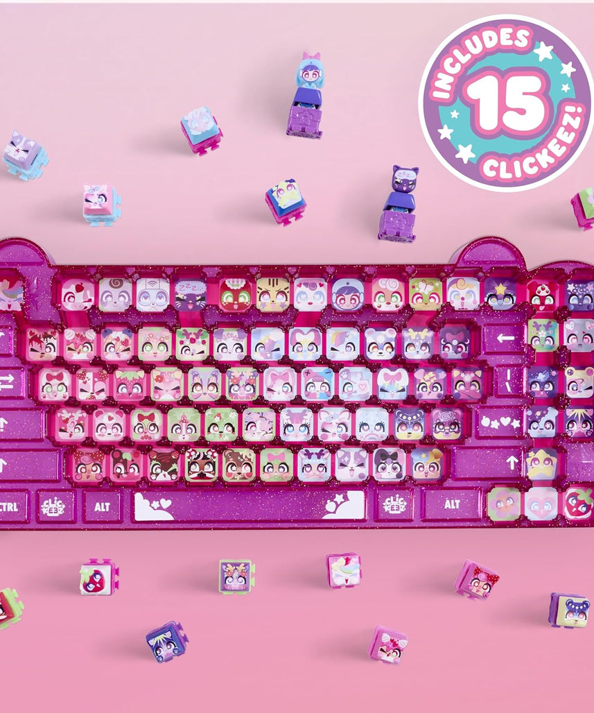 Clickeez Keyboard Mega Pack Collectible Fidget Key Caps Set with Storage Keyboard and 15 Clickable Characters Stress Relief Sensory Toy for Kids Ages 6+