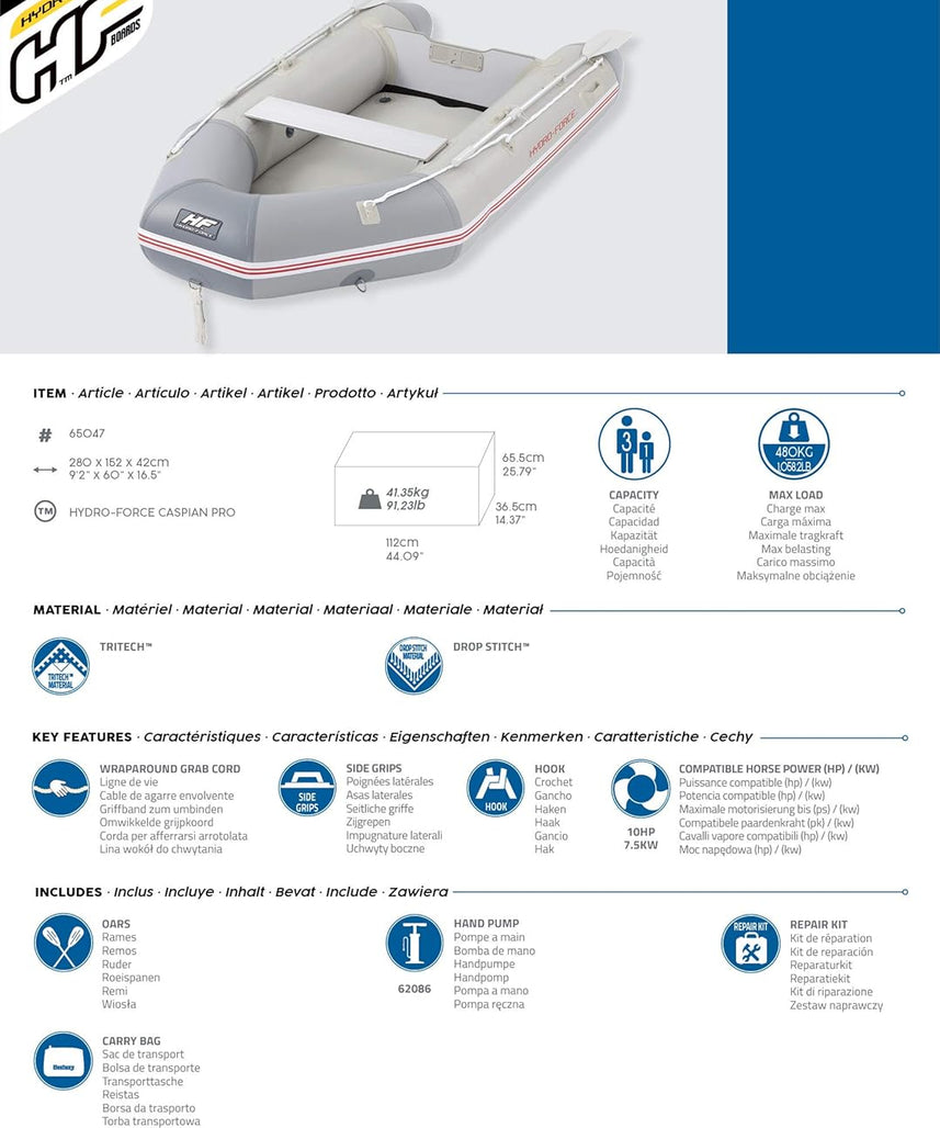 Bestway Caspian Pro Inflatable Boat 9'2" x 60" x 16.5" (2.80m x 1.52m x 42cm), Drop-Stitch Floor, Motor-Ready Transom – Ages 18+