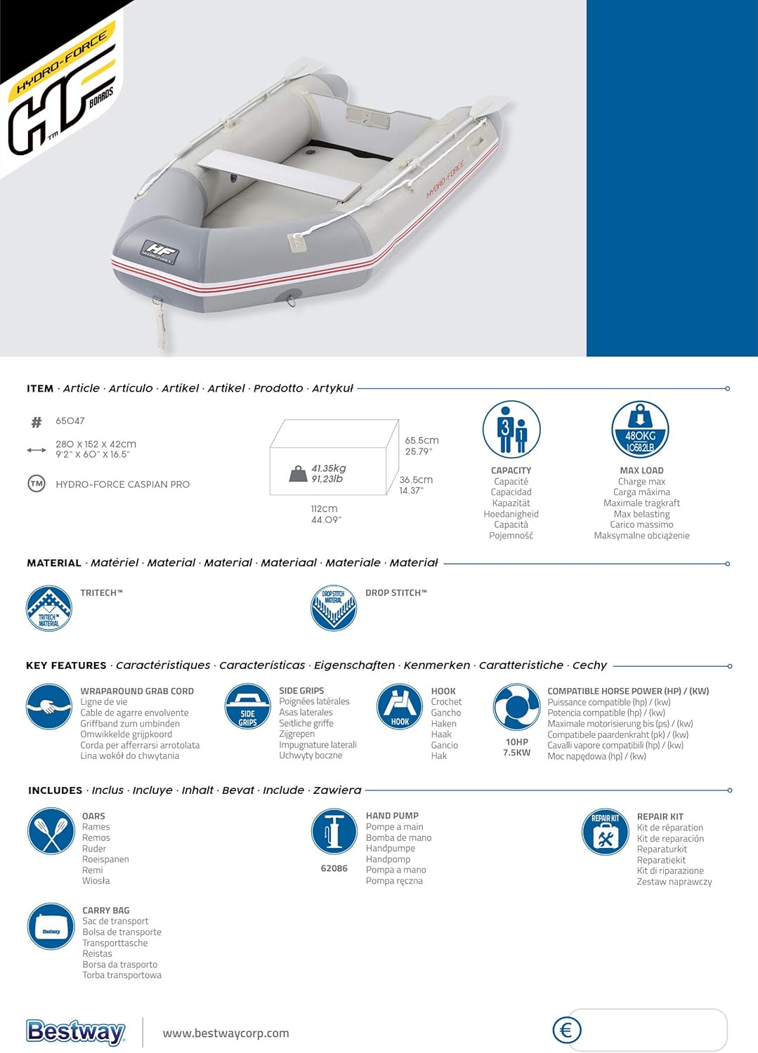 Bestway Caspian Pro Inflatable Boat 9'2" x 60" x 16.5" (2.80m x 1.52m x 42cm), Drop-Stitch Floor, Motor-Ready Transom – Ages 18+