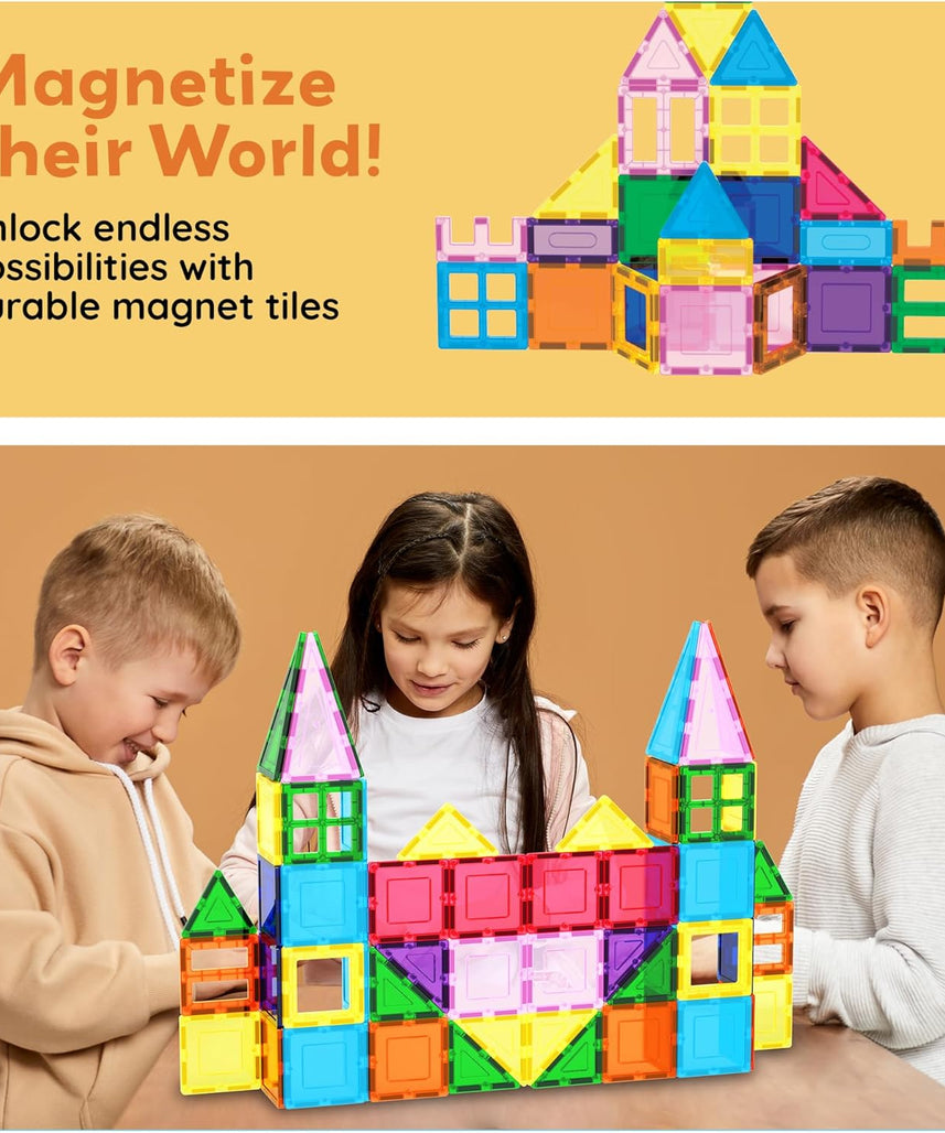 PicassoTiles 101pc Magnetic Tile Building Blocks with Car Base Drawstring Carry Toy Storage Bag Magnetized Block for Kids Magnet ToySet Educational STEM Learning Child Brain Development Ages 3+ PC101