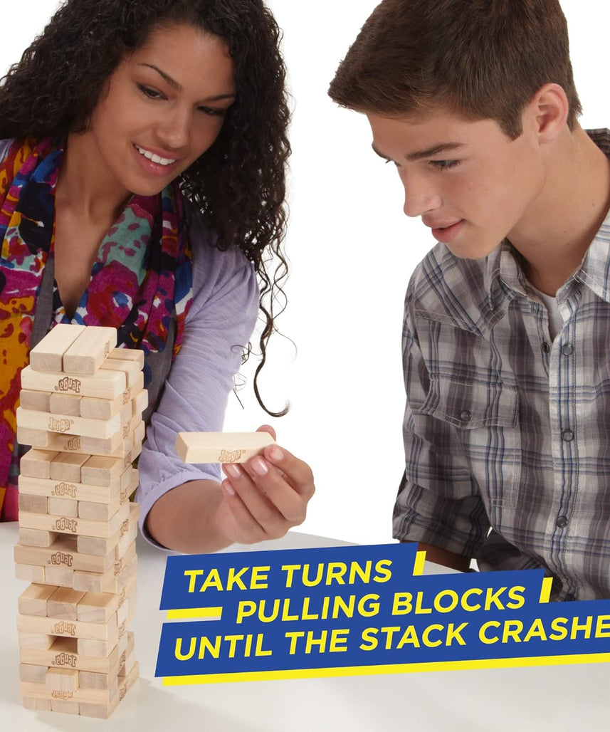 لعبة جينجا الكلاسيكية، جينجا من هاسبرو، ٥٤ مكعبًا من الخشب الصلب، لعبة برج التكديس، لعبة لوحية عائلية، لعبة أطفال، لعبة داخلية، للأعمار من ٦ سنوات فما فوق، لاعب واحد أو أكثر