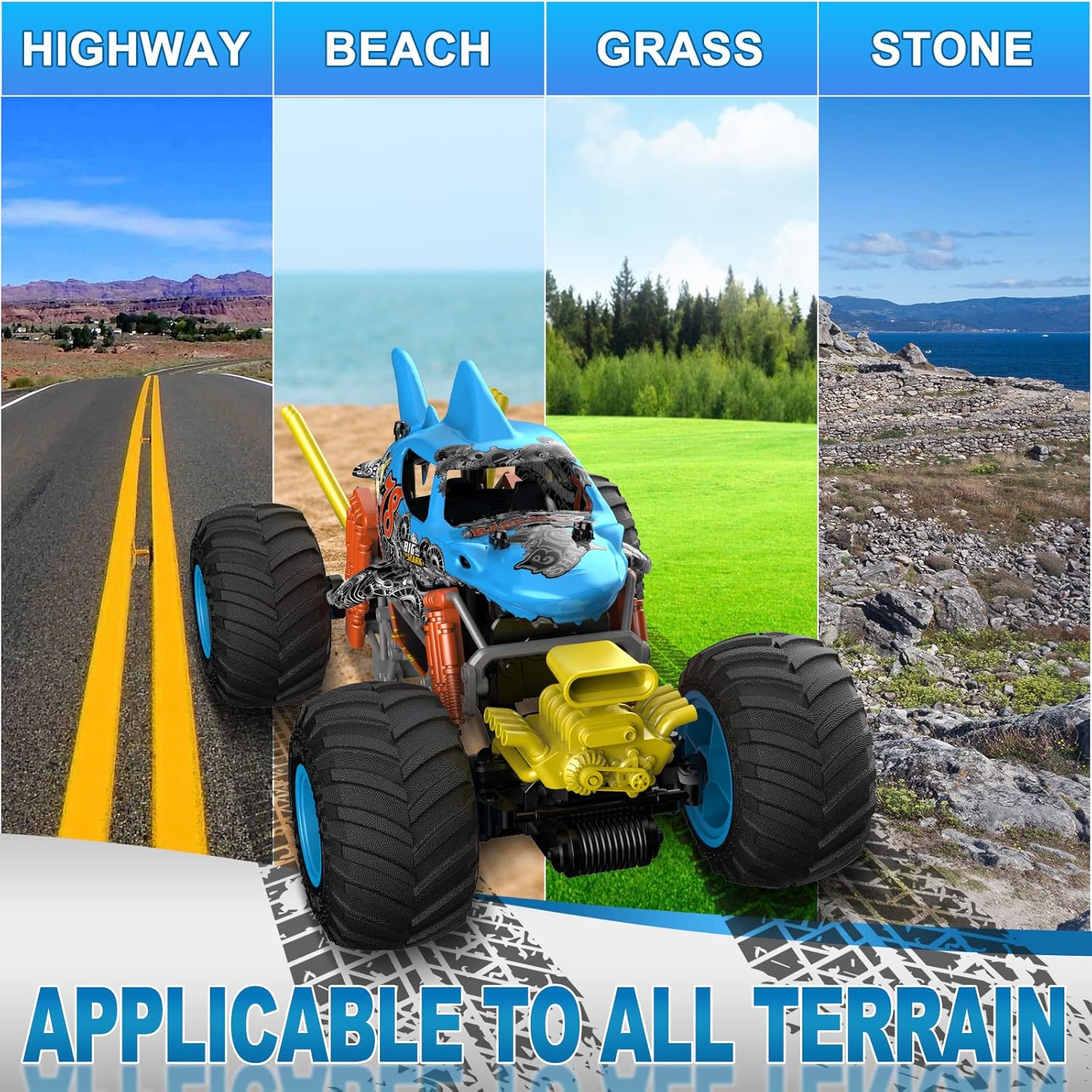 Crazon 1:10 Shark Monster RC Car with Fog Mist Effect, 2.4GHz Remote Control, Dual Rechargeable Batteries, 6+