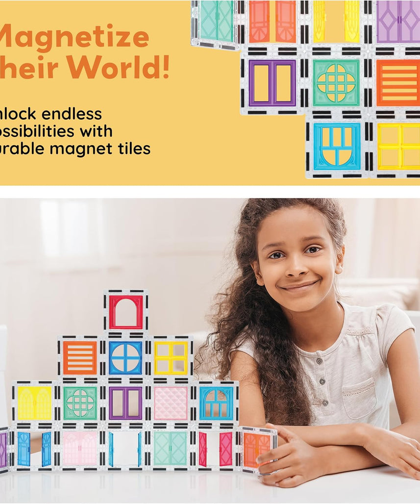 PicassoTiles 30 Piece Window and Door Clip On Magnetic Blocks Magnet Tiles Magnets Building Tile Construction Toy Set STEM Education Toys Learning Kit Stacking Block Playset Boys & Girls Age 3+ PT30