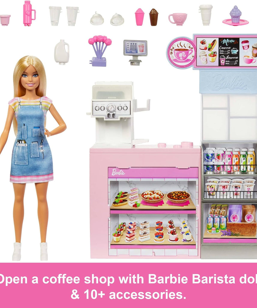 Barbie Naschcafé HXN94 Blonde Barista Doll Playset with Over 12 Accessories Including Coffee Maker/Smoothie Maker, Food and Cups
