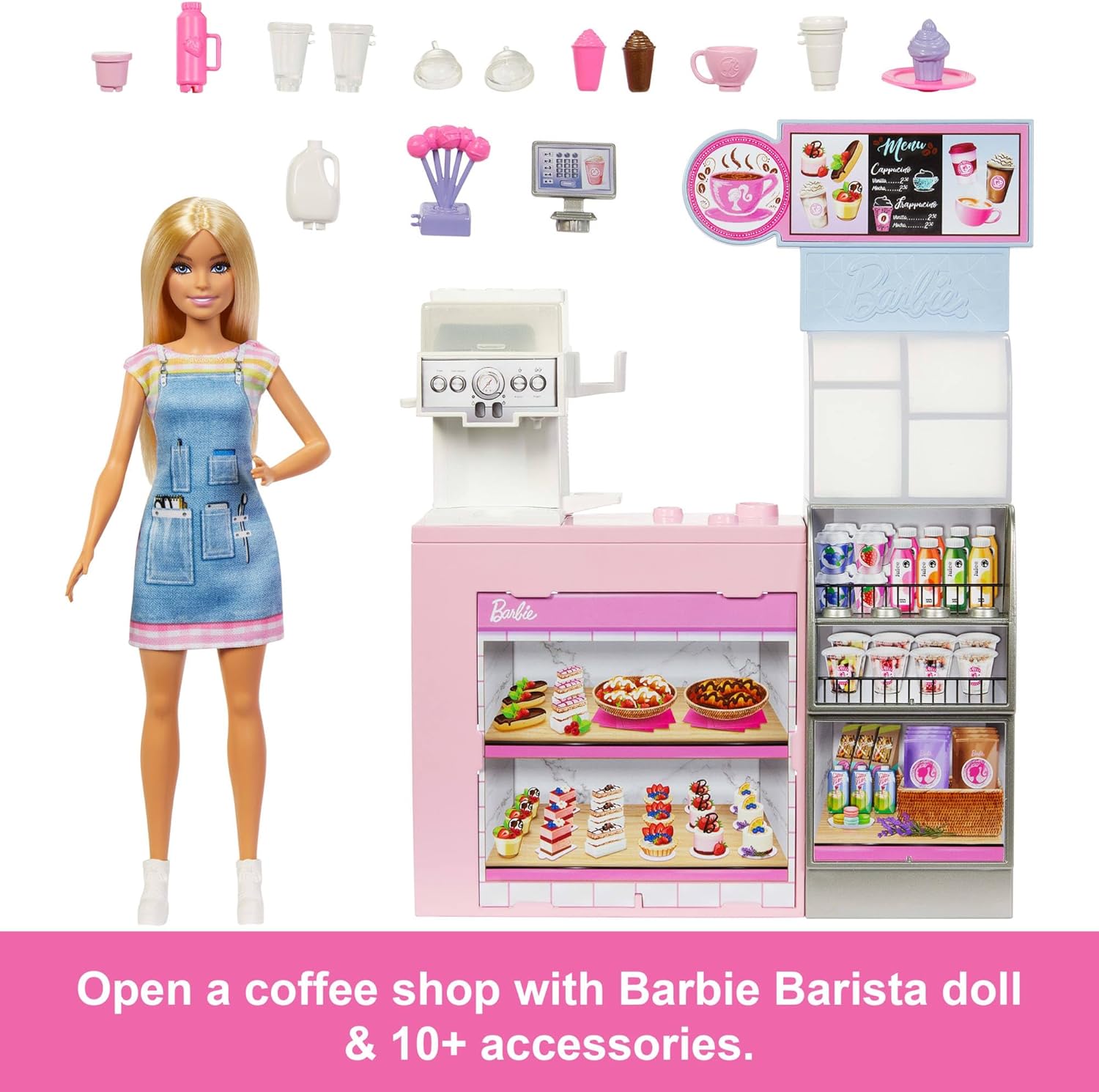 Barbie Naschcafé HXN94 Blonde Barista Doll Playset with Over 12 Accessories Including Coffee Maker/Smoothie Maker, Food and Cups