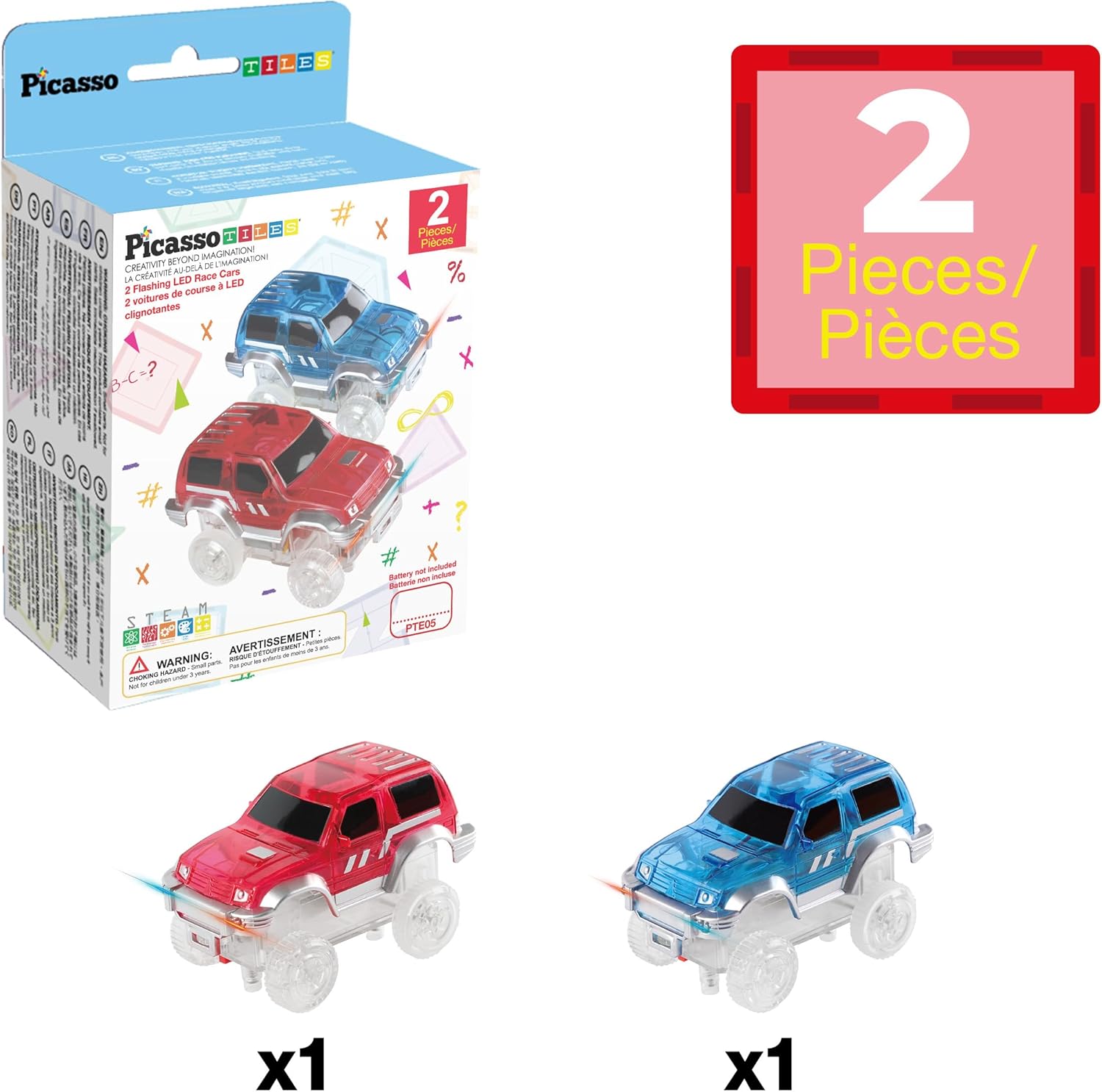 PicassoTiles 2 Piece Swift Highly Detailed Race Track Truck Cars Accessories in Bulk Package Compatible with STEM Magnetic Tile Race Track Building Kits for Kids Boys & Girls Ages 3+ and Older PTE05