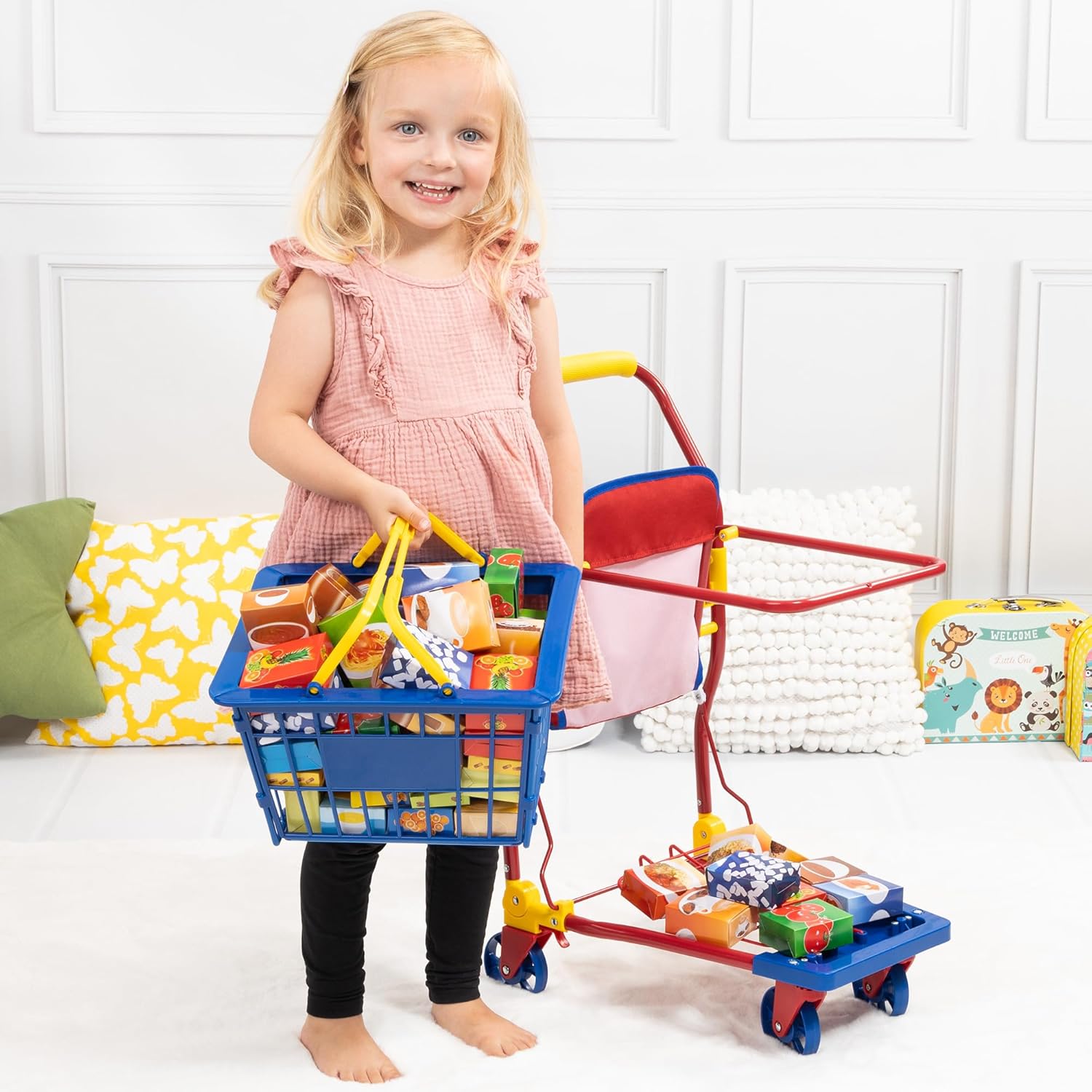 Bayer Design Kids Shopping Cart 42cm Metal Trolley with Toy Food Boxes and Doll Seat, Role Play Supermarket Playset, 3Y+ Years