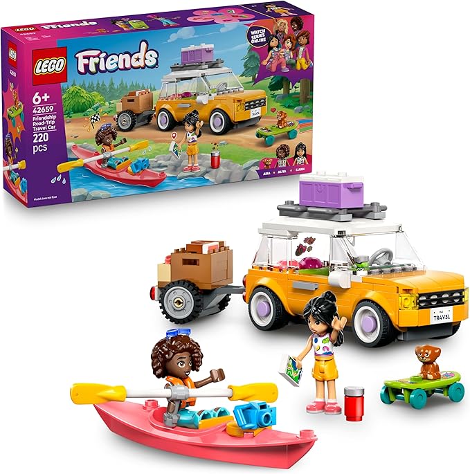 LEGO Friends Friendship Road-Trip Travel Car Toy with Trailer, 2 Mini Dolls, a Pet Dog Figure, Kayak & Fun Accessories incl. a Skateboard & Roller Skates - Ramadan Gift for 6+ Year Old Girls - 42659