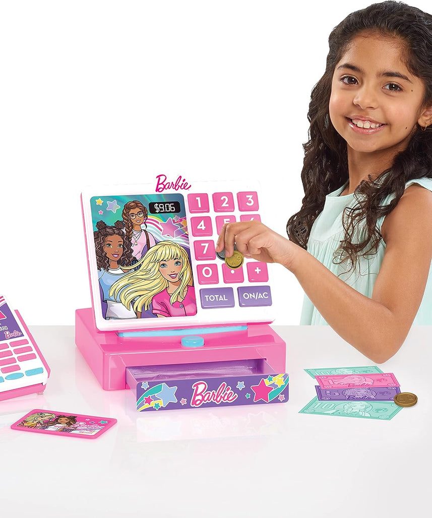 ماكينة تسجيل المدفوعات النقدية العصرية من باربي مع أصوات، وقارئ نقود وبطاقات ائتمان، ولعبة متجر لعب الأدوار للبنات، للأطفال من سن 3 سنوات فما فوق، وماكينات تسجيل المدفوعات النقدية