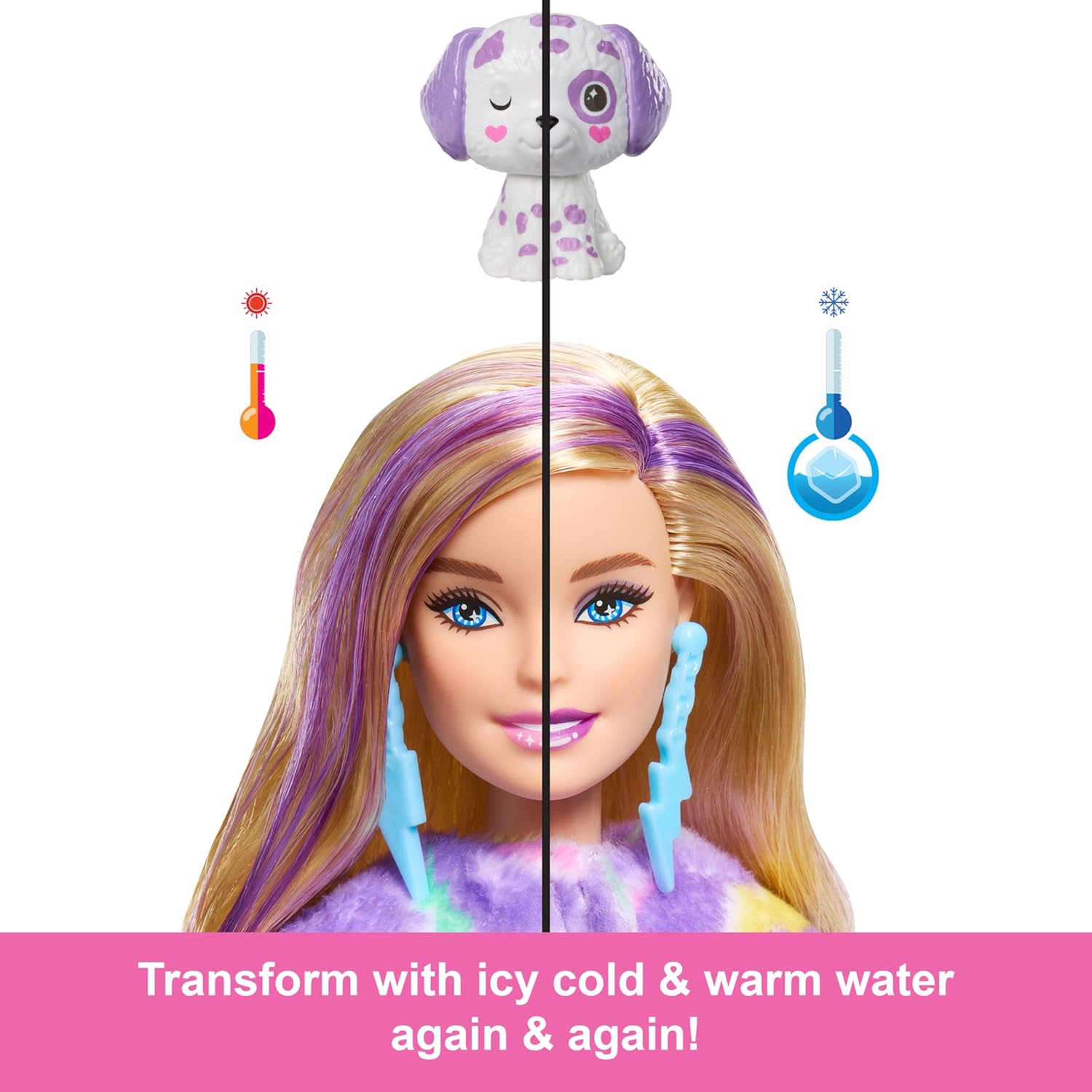 Barbie Cutie Reveal Color Dream Dalmatian Doll with Rainbow Plush & 10 Color-Changing Surprise Accessories, Ages 3+