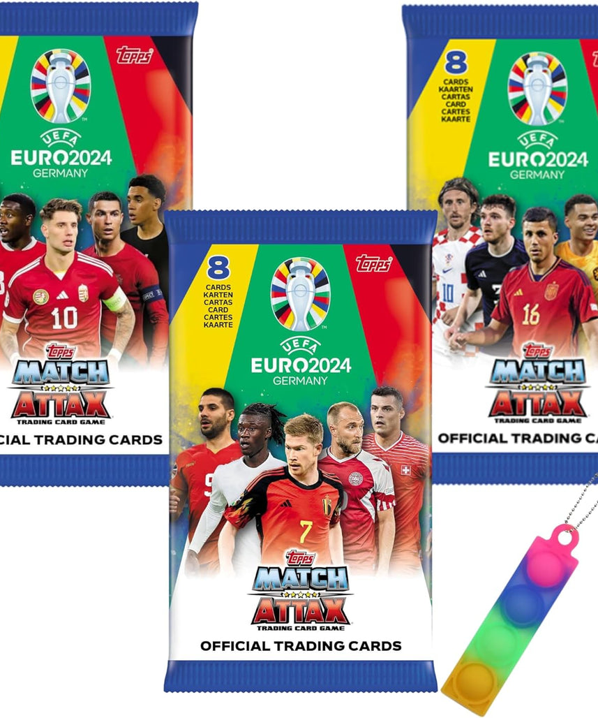 بطاقات تداول توبس ماتش أتاكس يورو 2024، مجموعة من 3 بطاقات مع سلسلة مفاتيح فيدجيت OY إضافية، مجموعة بطاقات كرة قدم قابلة للتجميع