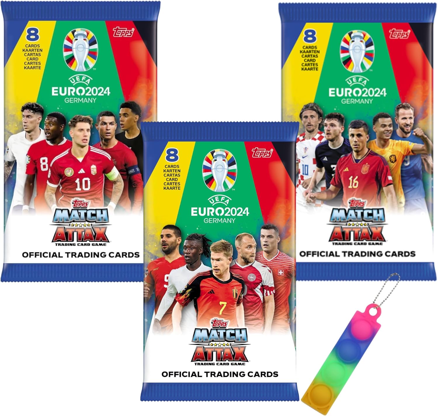 بطاقات تداول توبس ماتش أتاكس يورو 2024، مجموعة من 3 بطاقات مع سلسلة مفاتيح فيدجيت OY إضافية، مجموعة بطاقات كرة قدم قابلة للتجميع