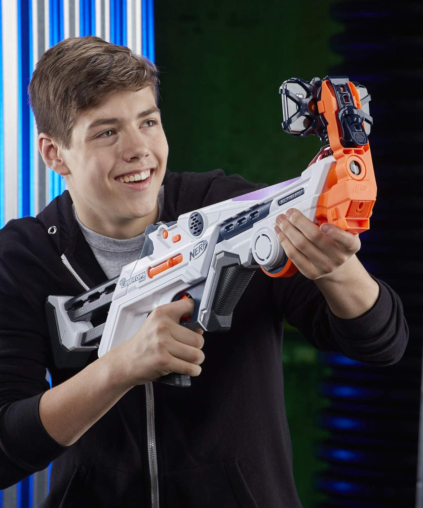 Nerf Laser Ops Burst Fire Combat Blaster with Light and Sound Effects, Multi-Shot IR Burst, LCD Display, App Compatible, Includes Armband and Solo Attachment, Ages 8+