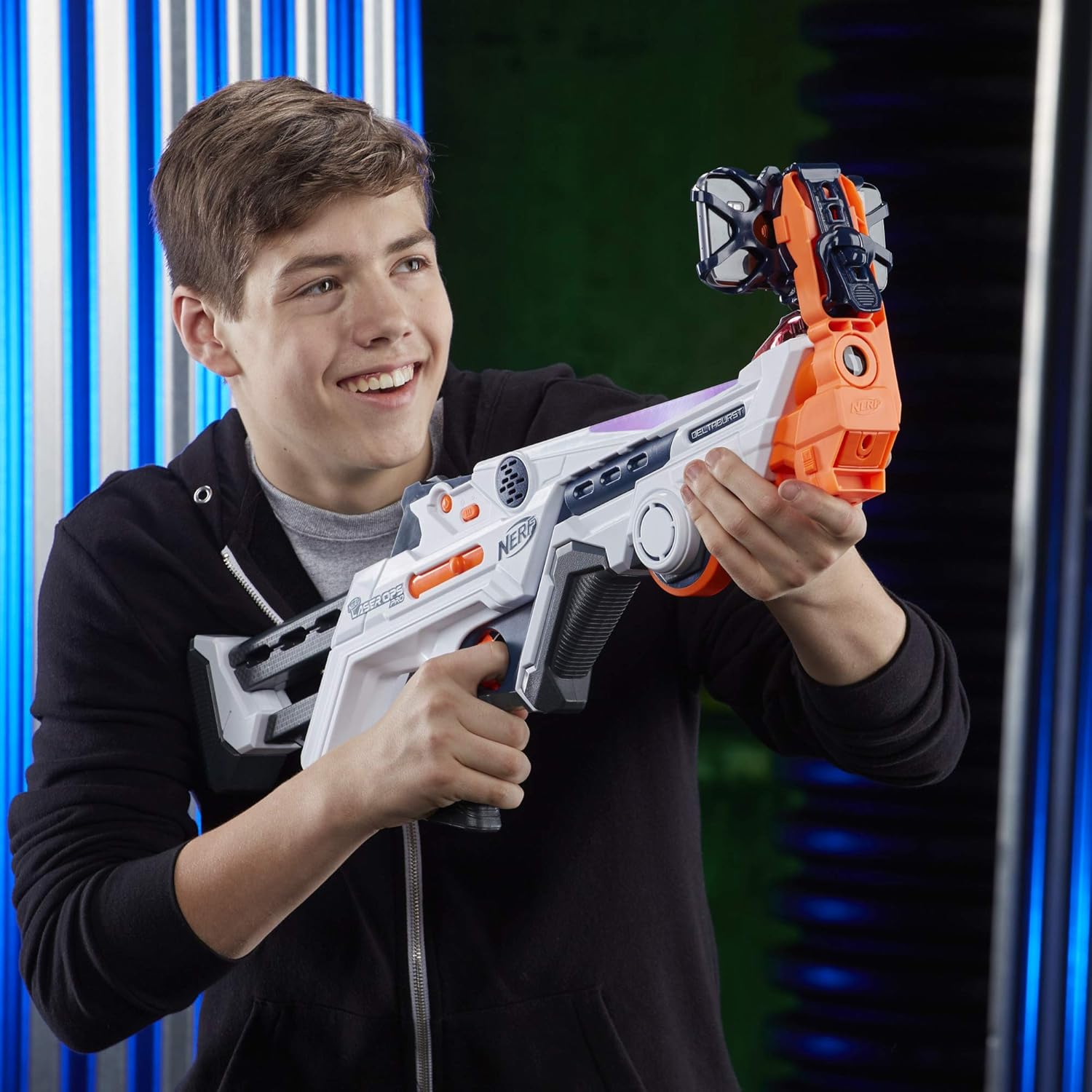 Nerf Laser Ops Burst Fire Combat Blaster with Light and Sound Effects, Multi-Shot IR Burst, LCD Display, App Compatible, Includes Armband and Solo Attachment, Ages 8+